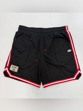NBA Logo Patch Mesh Lined Black Red Varsity Stripe Pockets Basketball Shorts (XL
